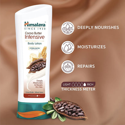 Himalaya Cocoa Butter Intensive Body Lotion on a brown background with product features listed.