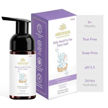AreoVeda Baby Head-To-Toe Foam Wash With Self-Foaming Pump (100ml) I Tear-Free Baby Wash I 24 Hrs Hydration I pH 5.5 With PENTAVITIN® & Aloe Vera I Safe from Day 1 I Lab Tested, Ecocert Certified, EWG Verified