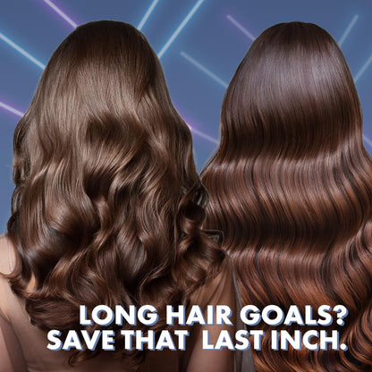 Two women with long, wavy hair against a blue background with neon lines, accompanied by text about hair length.