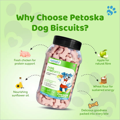 Petoska Chicken & Apple Dog Biscuits | 500g Jar | Made with Real Chicken & Apple | Crunchy Treats for Small, Medium & Large Dogs | 300 kcal/100g | Complementary Dog Food