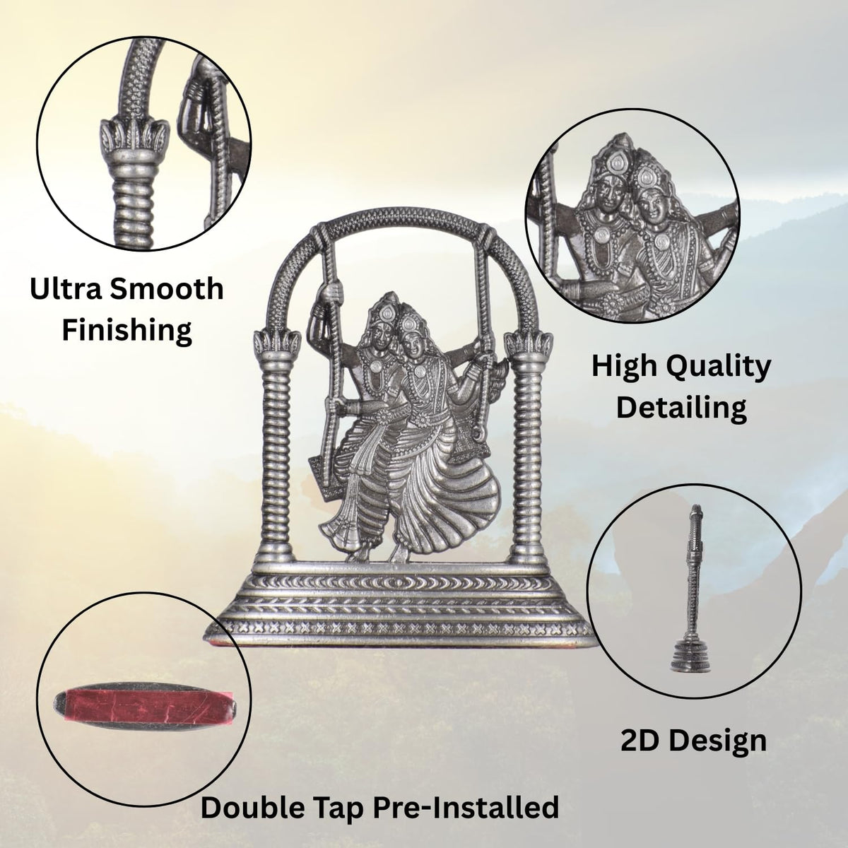 Radha Krishna Jhula Idol for Car Dashboard – Silver Finish Hindu God Statue Romantic Swing Murti for Car & Temple (S907-SLVR)