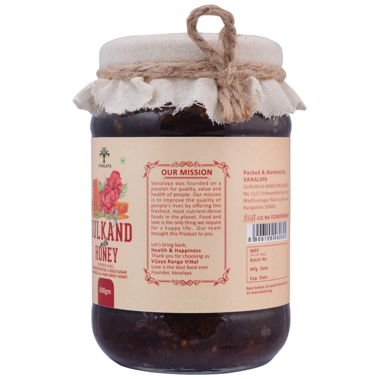 Vanalaya Natural Honey Gulkand | Sun-Cooked Damask Rose with Forest Honey 600gm