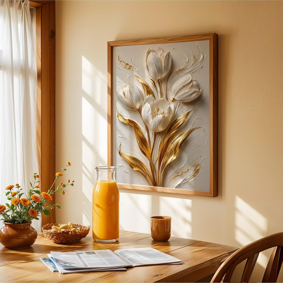 Floral Botanical Wall Painting with Frame | Premium Textured Flower & Leaf Artwork, Pastel Nature Wall Decor Framed for Living Room Bedroom Office and Home Decoration (Art-9,13x19inch)