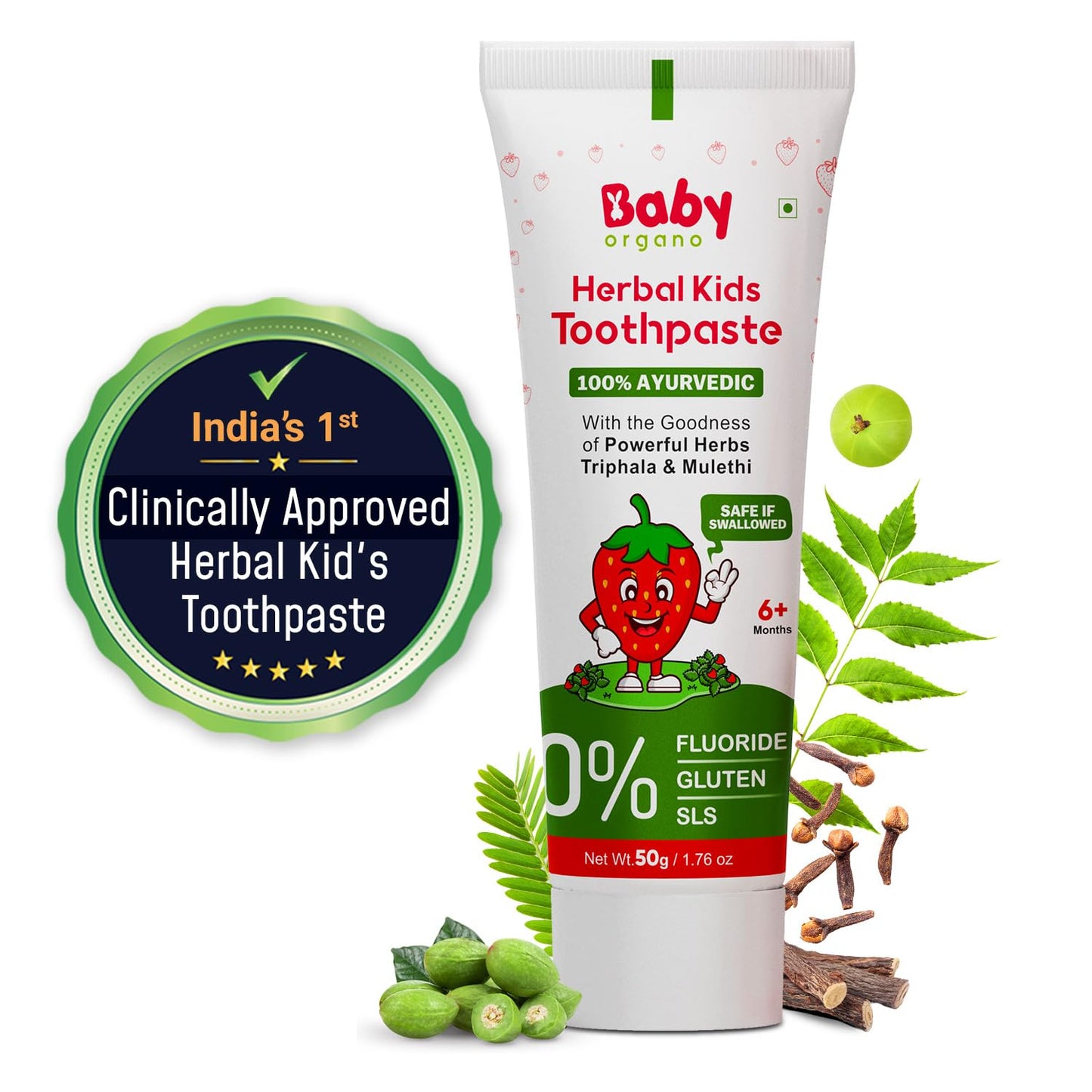 BabyOrgano Ayurvedic Baby Toothpaste for Kids 6+ Months | With Babool, Khadir, Mulethi & Neem | Fluoride-Free, SLS-Free | Safe to Swallow | Supports Strong Teeth & Gums | Strawberry Flavour | 50g (Pack of 1)