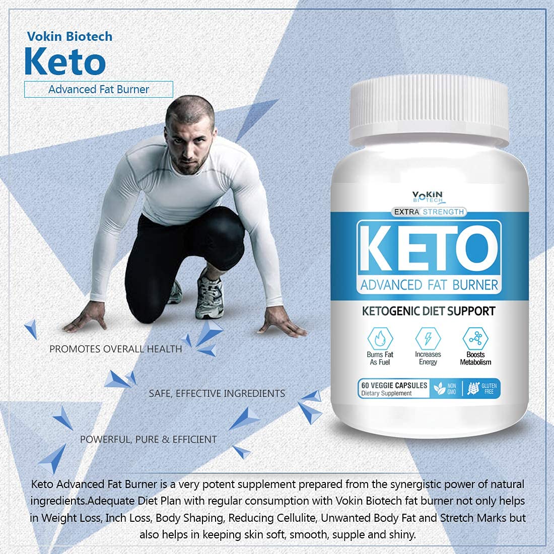 Keto Advanced Fat Burner supplement bottle with a man in a white shirt and black pants on a blue geometric background.