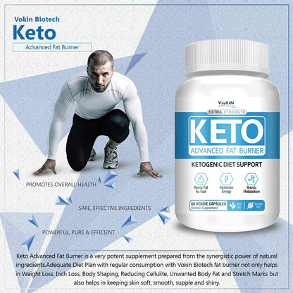 Keto Advanced Fat Burner supplement bottle with a man in a white shirt and black pants on a blue geometric background.