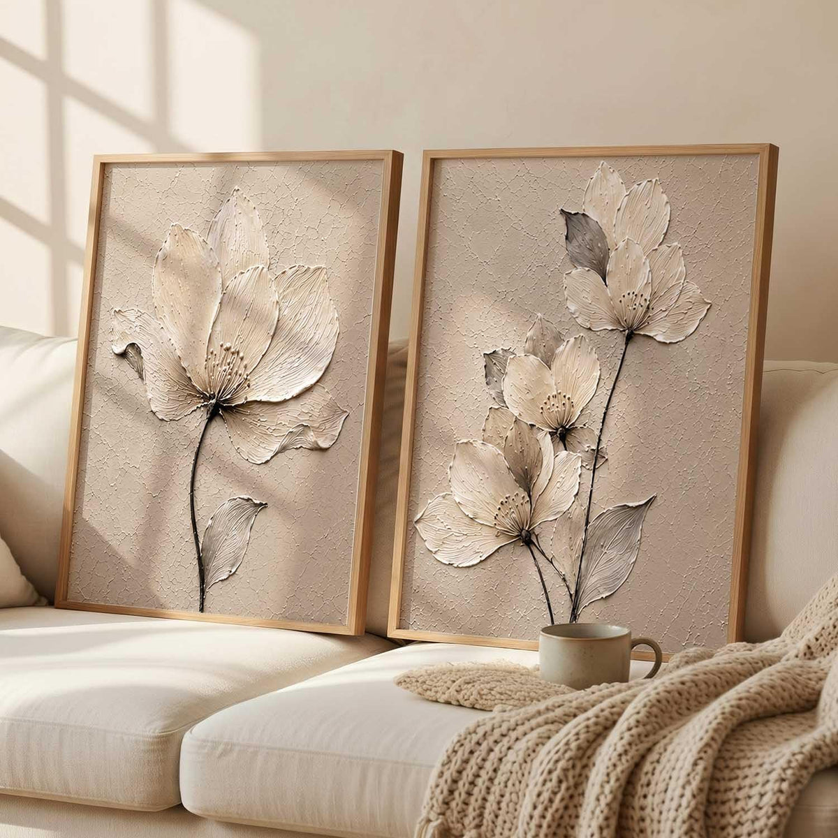 2 Piece Framed Wall Art Set, 3D Textured Floral Botanical Painting, Modern Abstract Flower Wall Decor for Living Room, Bedroom, Dining Room & Office, Brown Frame, 13 x 19 Inch, Ready to Hang, Housewarming Gift