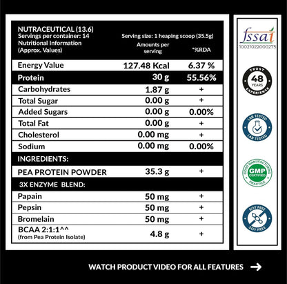Carbamide Forte Pea Protein Isolate 30Grams Per Serving | Plant Based Protein Powder Isolate With 4.8G BCAA | Unflavoured Plant Pea Protein Powder - 500Grams