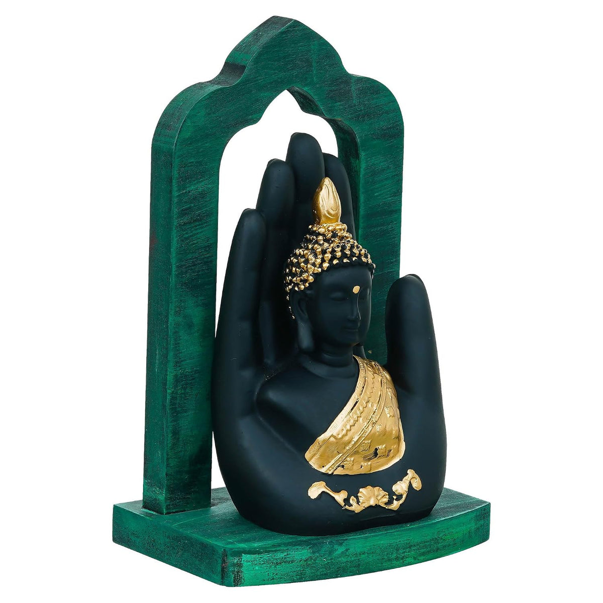 Palm Buddha Statue Showpiece for Home Decor Living Room Office Desk (Green Black Golden)| Lord Buddha Idol Gift for Diwali Buddha Purnima Housewarming Birthday