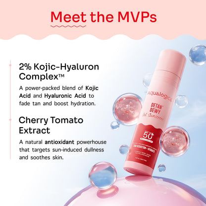 Aqualogica Detan+ Dewy Gel Sunscreen SPF 50+ PA++++ with 2% Kojic-Hyaluron Complex & Wild Berries, 50g | Broad Spectrum UVA/UVB & Blue Light Protection | No White Cast | Fragrance-Free | Lightweight | Hydrating | For Men & Women