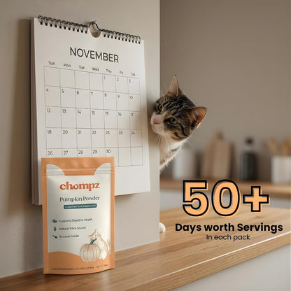 Chompz Pumpkin Powder for Cats | 50g Digestive Fibre Supplement | 100% Dehydrated Pumpkin | Supports Digestion & Stool Health | Food Topper | Scooper Included | 50+ Servings | For Kittens & Adult Cats