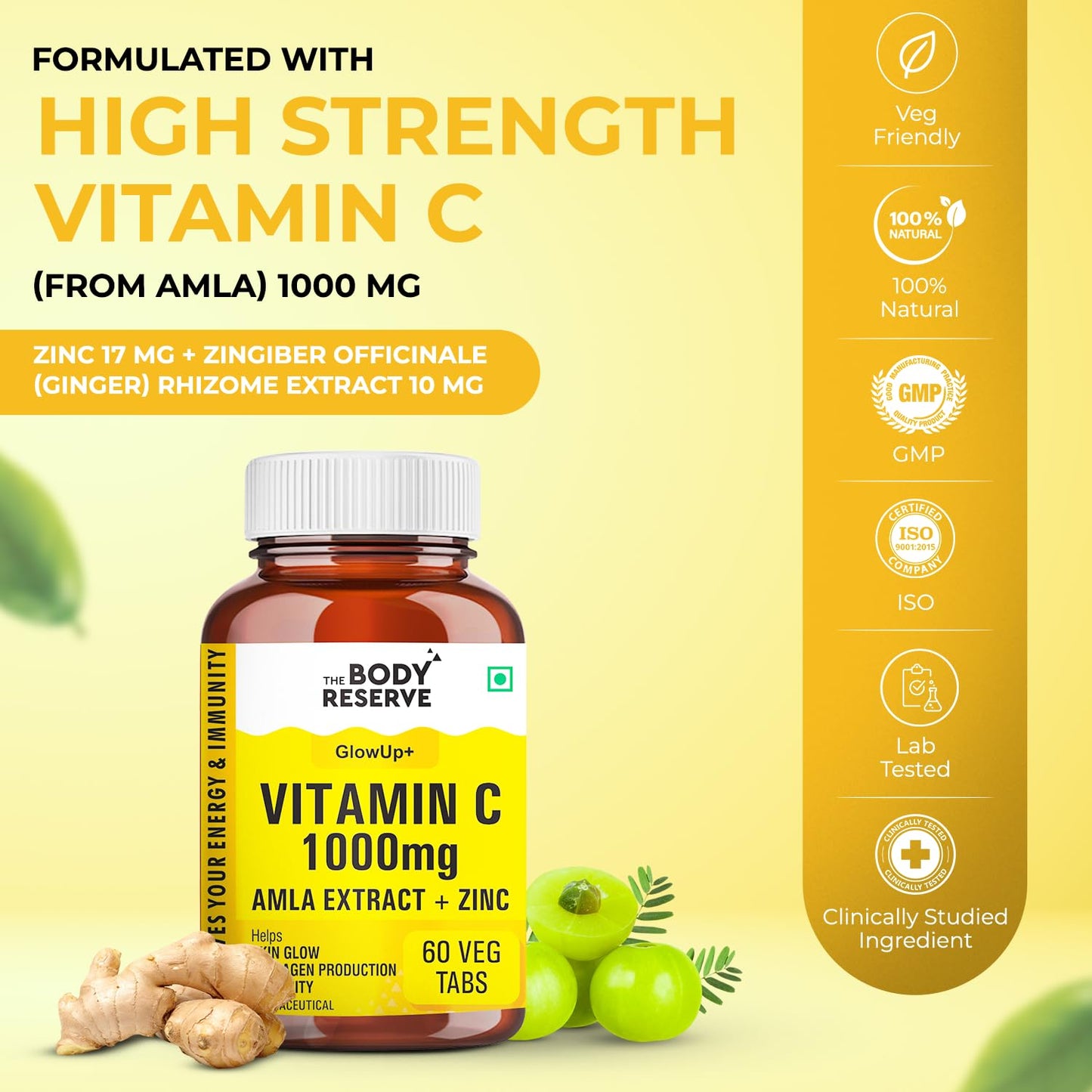 Vitamin C supplement bottle with yellow background and product details.