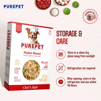 Purepet Fresh Dog Food 300g | Mutton Biryani for Adults & Puppies | High Protein, 65% Real Meat, 35% Veggies & Rice | No Preservatives | Ready to Serve | All Breeds | Single Meal Pack