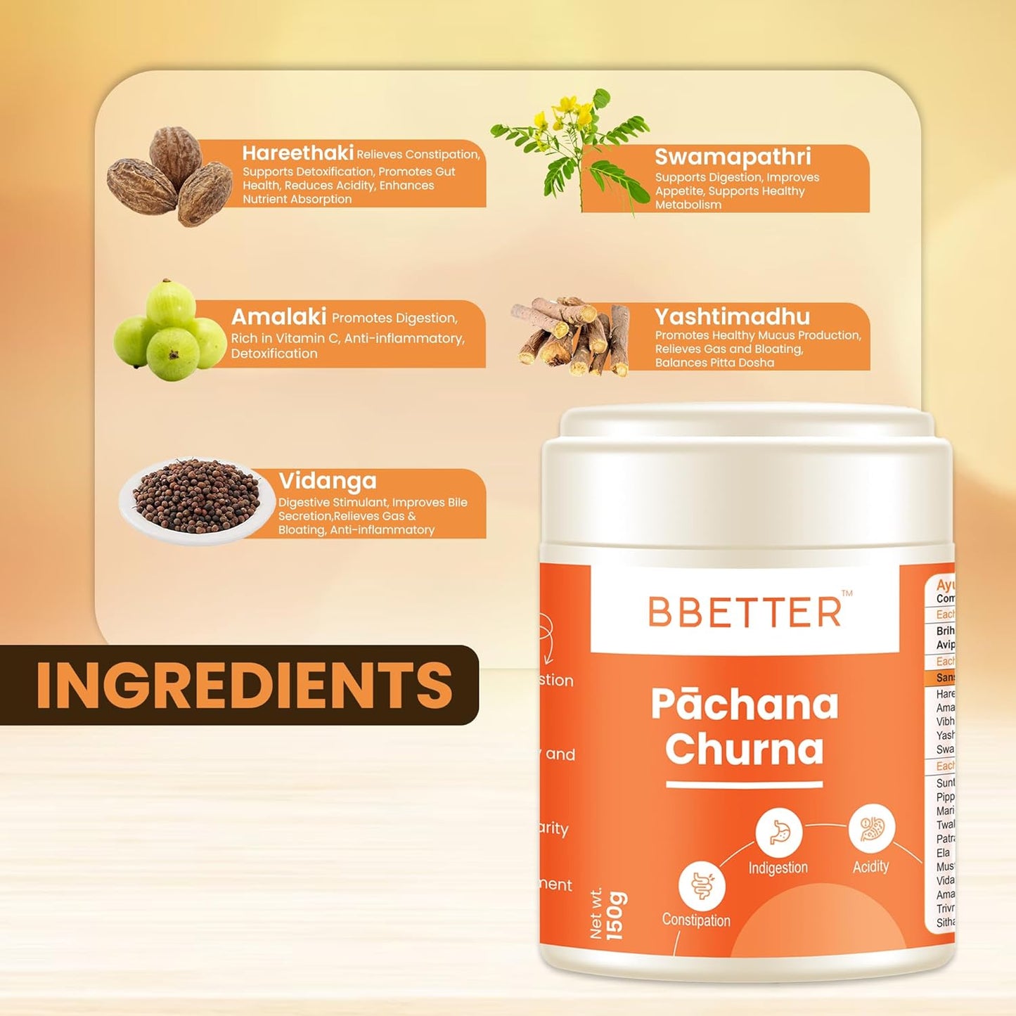 BBETTER Pachana Churna | Natural Ayurvedic Digestive Aid for Constipation Relief, Acidity, Indigestion & Gut Health | Herbal Powder with Vidanga, Amalaki, Haritaki & Senna