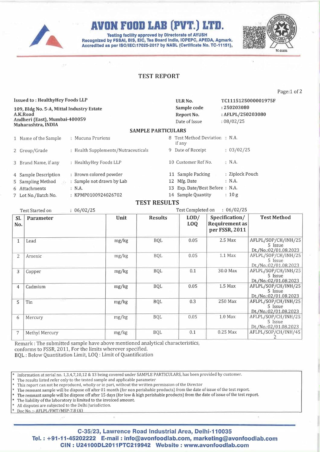 Avon Food Lab test report with various parameters and results.