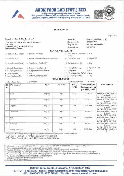 Avon Food Lab test report with various parameters and results.