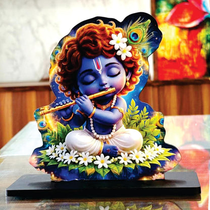 Wooden Bal Krishna Playing Flute | Spiritual Tabletop Showpiece for Home, Office Desk, Temple, Living Room Decor, Religious Gift Item (5.6 x 6 Inch)