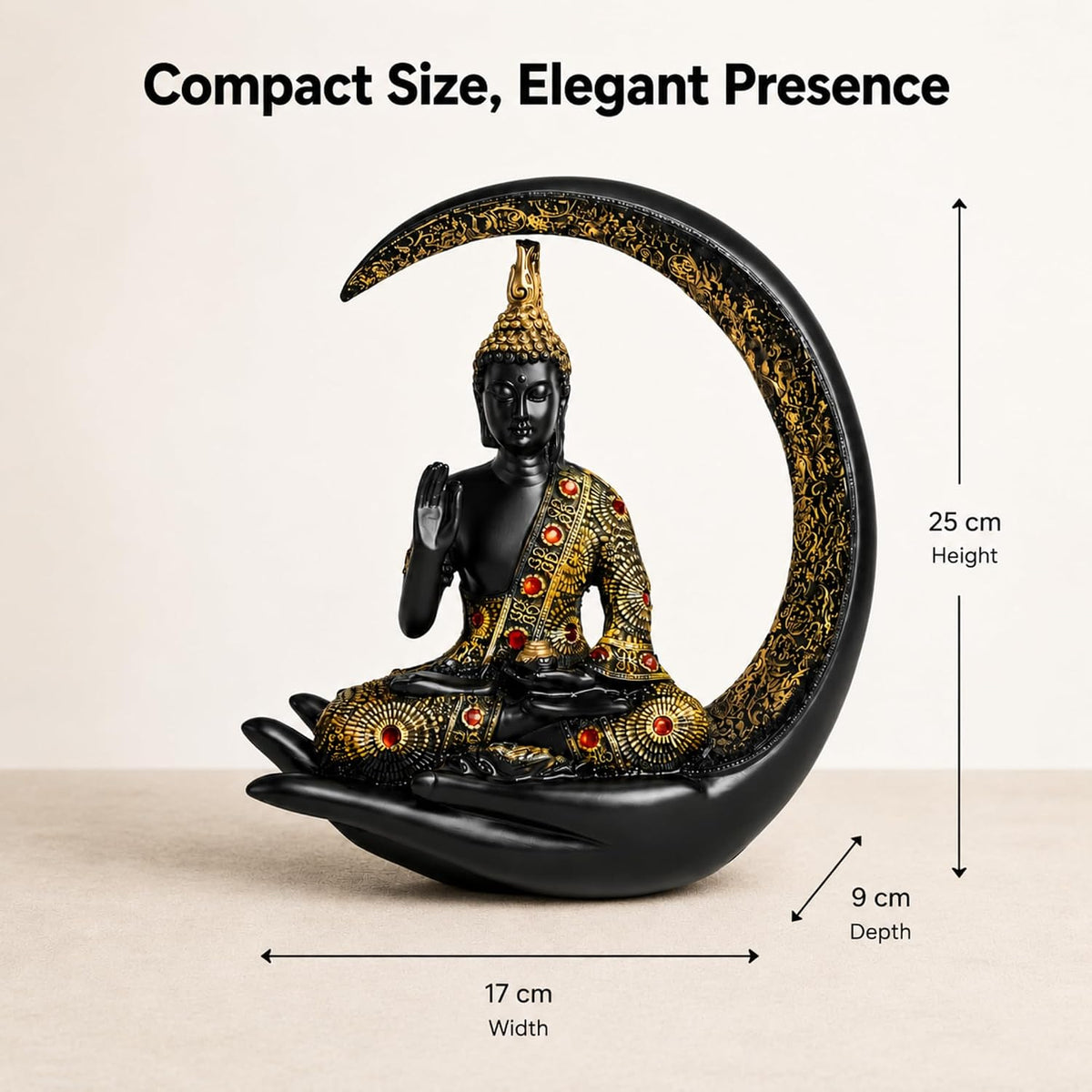 10 Inch 3D Meditating Buddha Statue with Crescent Moon | Black Resin Buddha Idol for Home Decor, Living Room, Office Desk & Gift | Lucky Spiritual Decorative Showpiece