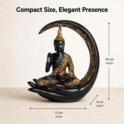 10 Inch 3D Meditating Buddha Statue with Crescent Moon | Black Resin Buddha Idol for Home Decor, Living Room, Office Desk & Gift | Lucky Spiritual Decorative Showpiece