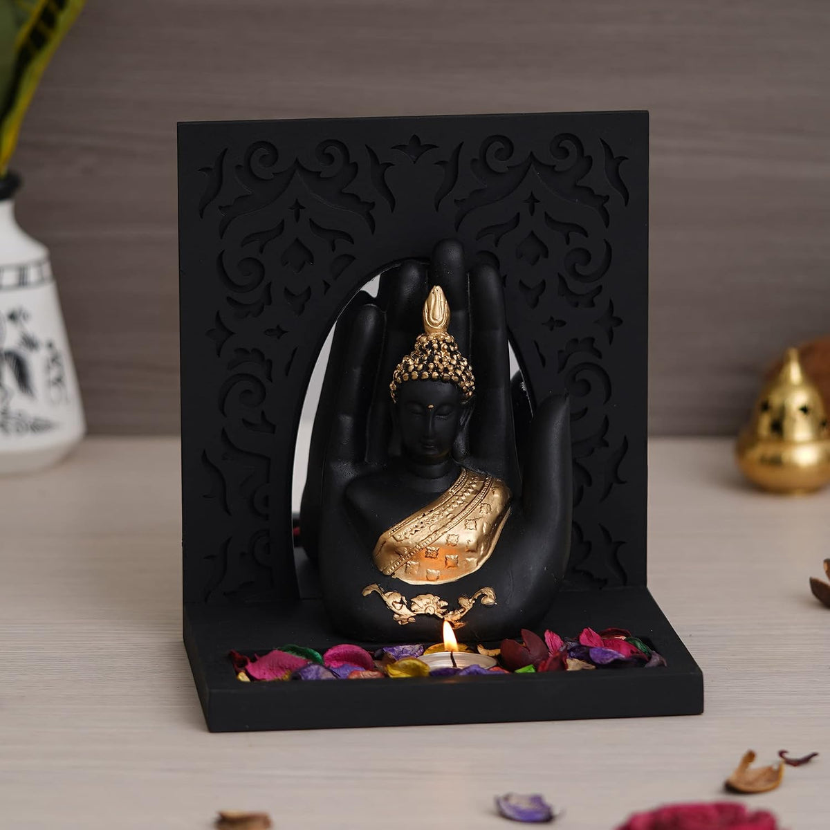 eCraftIndia Gold & Black Polyresin Palm Buddha Showpiece with Rectangle Wooden Base and Background, Fragranced Petals & Tealight
