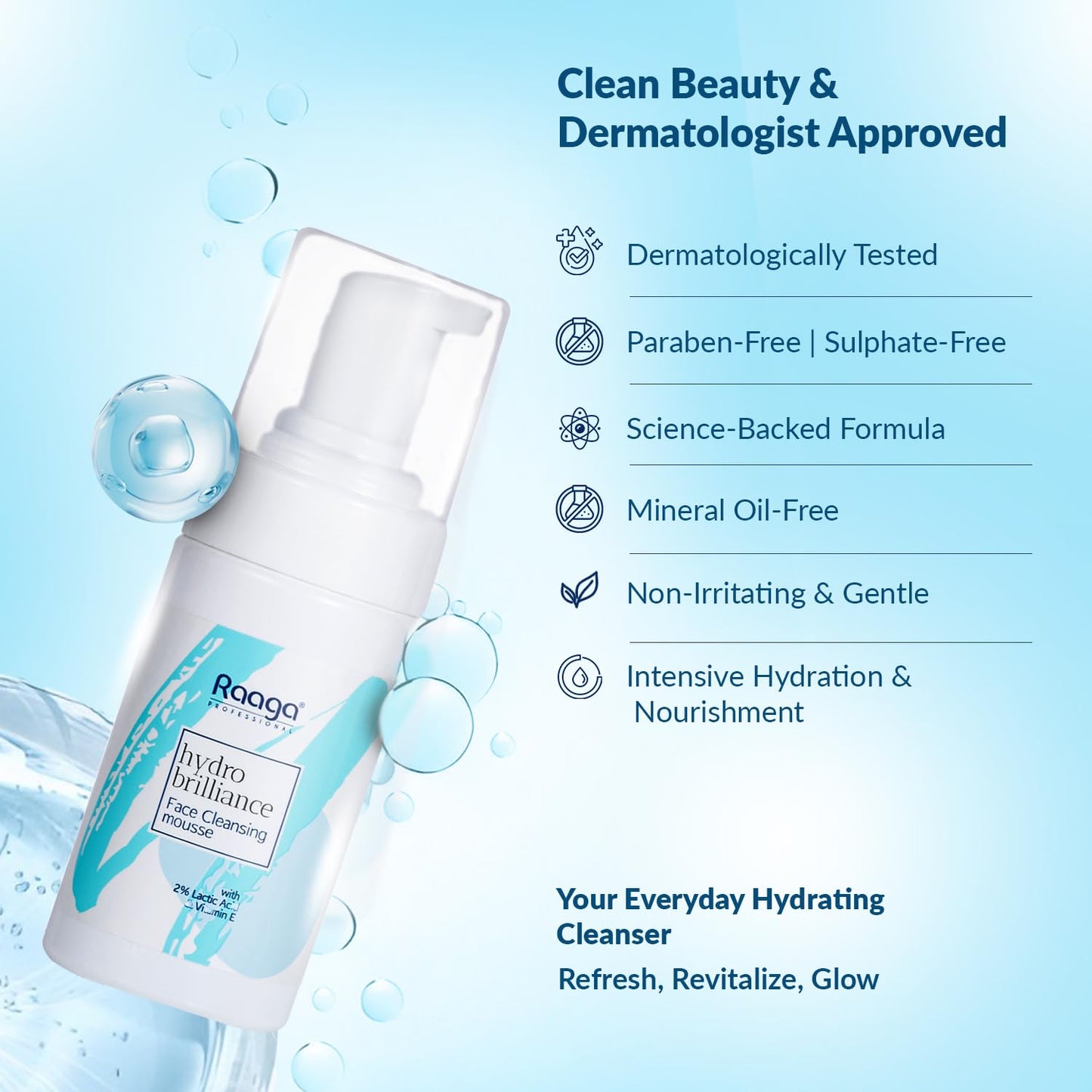 Raaga Professional Hydro Brilliance Face Cleansing Mousse with 2% Lactic Acid and Vitamin E | Paraben Free, Sulphate Free, Dermatologically Tested (100 ml)