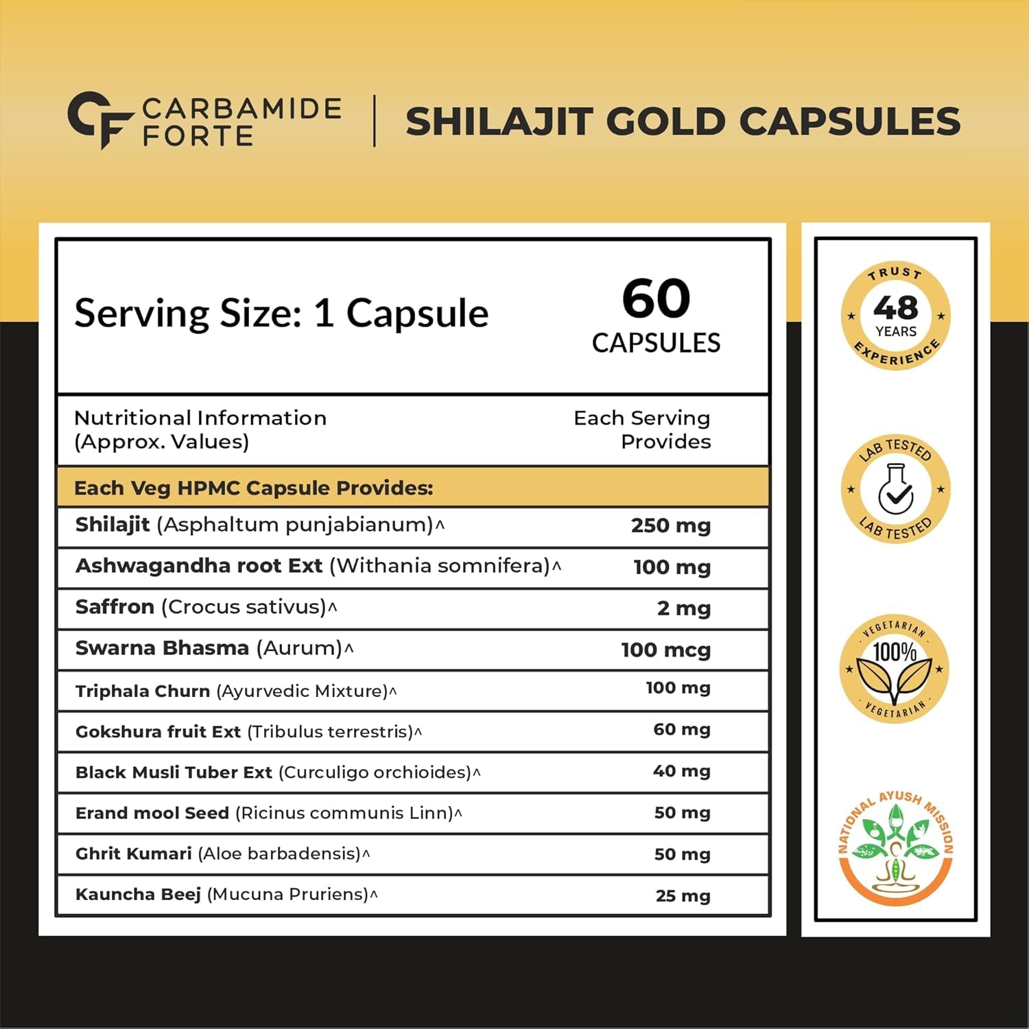 Shilajit Gold Capsules label with Carbamide Forte branding and nutritional information.