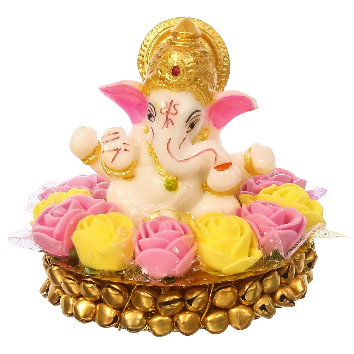 Lord Ganesha Idol on Decorative Handcrafted Plate with Pink and Yellow Flowers