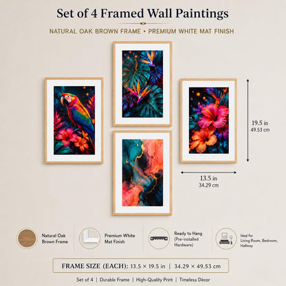 Set of 4 Tropical Parrot Floral & Abstract Wall Paintings with Sparkle Laminate and Premium Wooden Synthetic Frame for Living Room Bedroom Office Decor (13.5 x 19.5 Inch)