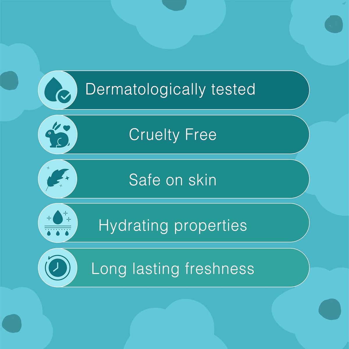 List of product features on a blue background with icons