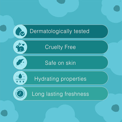 List of product features on a blue background with icons