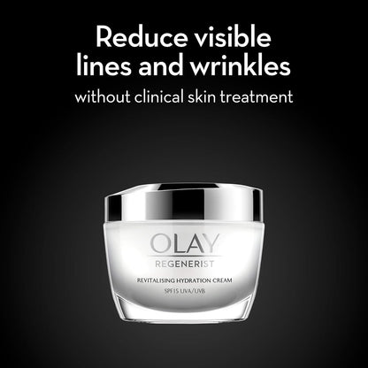 Olay Regenerist cream jar with text on a black background