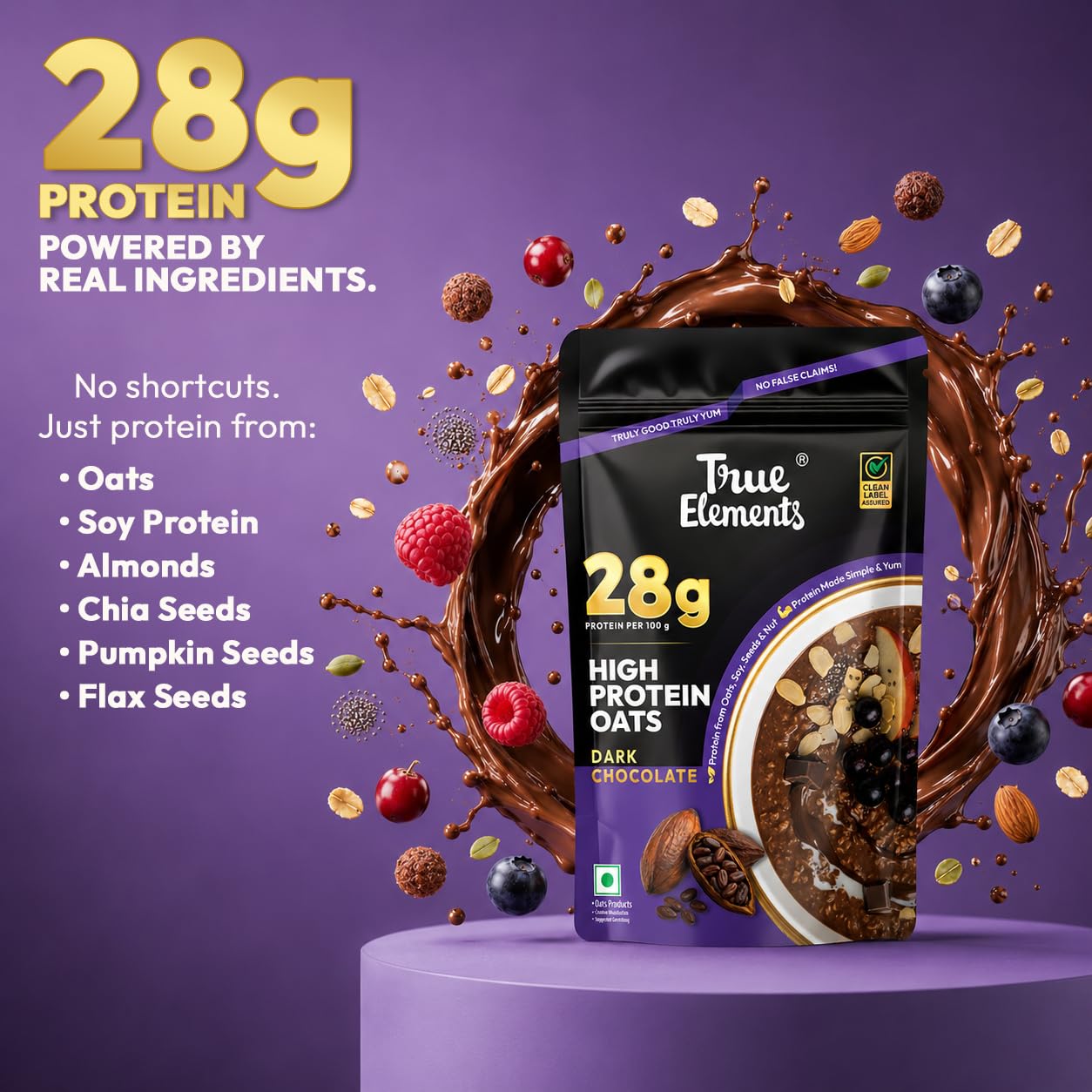 True Elements 28g High Protein Oats 400g | High Protein Breakfast Oats with 28g Protein | High Fibre | No Added Sugar | Healthy Breakfast Cereal