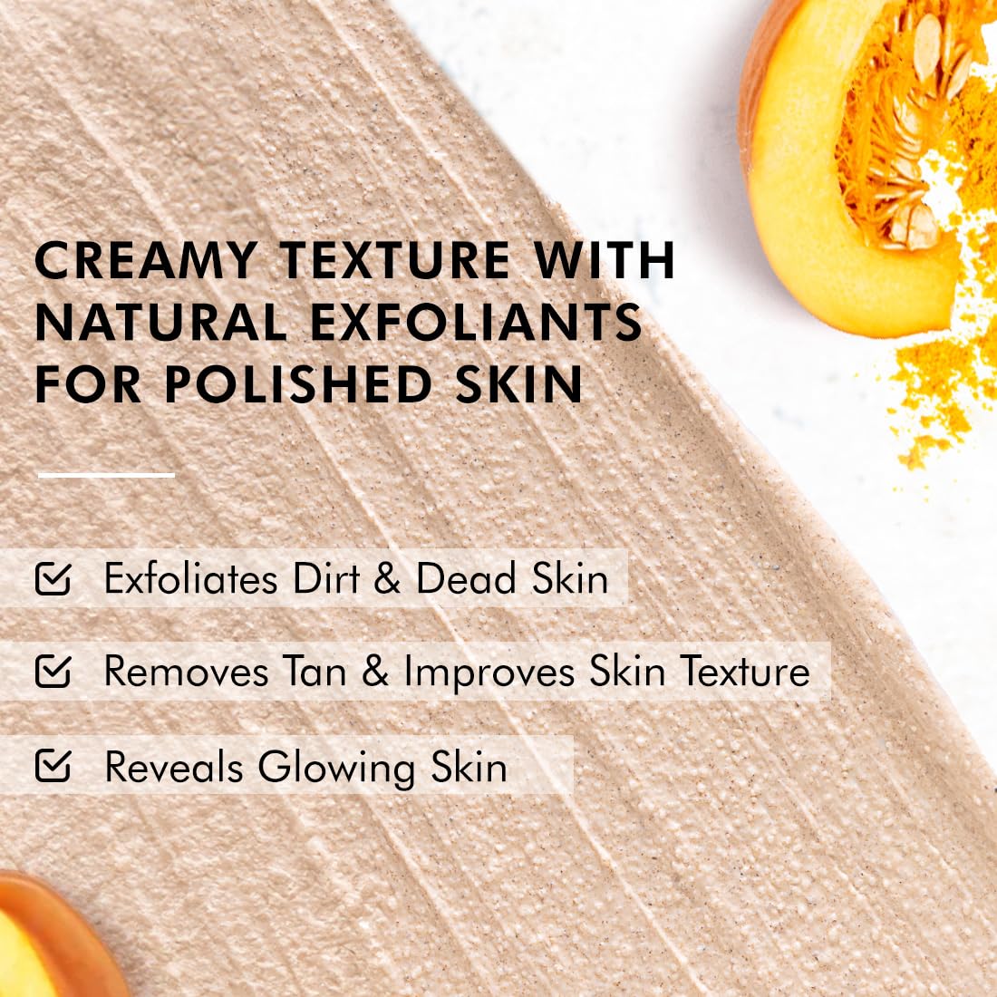 Product description with text about creamy texture and natural exfoliants for polished skin, featuring a close-up of skin texture and a sliced pumpkin.