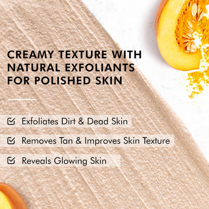 Product description with text about creamy texture and natural exfoliants for polished skin, featuring a close-up of skin texture and a sliced pumpkin.
