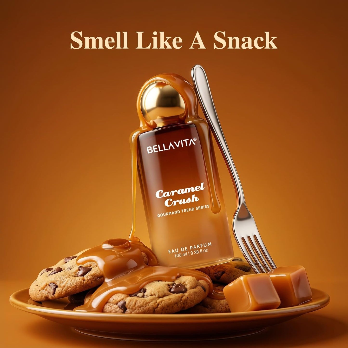 BELLAVITA Caramel Crush | Long Lasting EDP | 100ml | Perfume for Man | Perfume for Woman | Smells Like a Snack | Caramel, Vanilla, Honey, Coconut & Musk | Premium Unisex Gourmand Fragrance