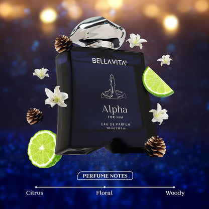 Bellavita Alpha perfume bottle with floral and citrus elements on a dark background