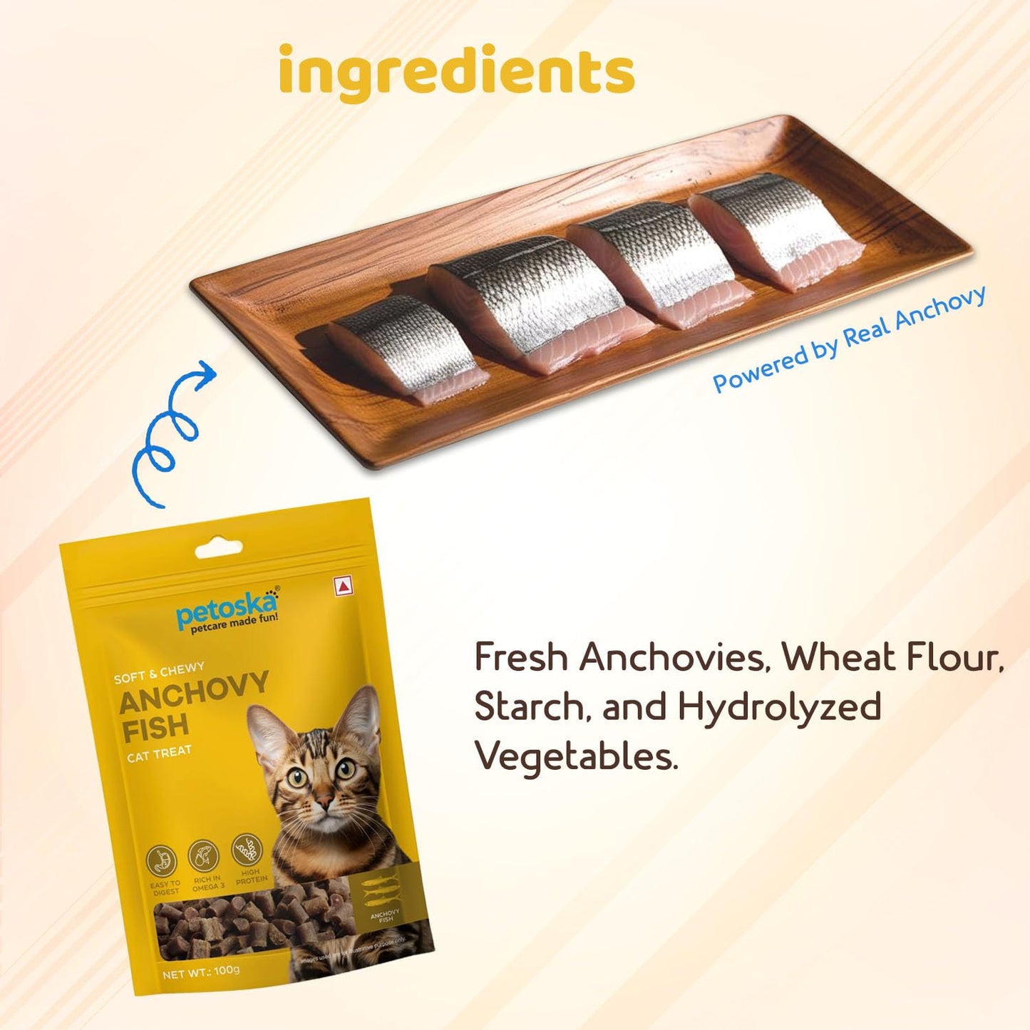 Petoska Anchovy Fish Cat Treats - 100g | Air-Dried Real Anchovy Bites with Taurine & Omega-3 | Chewy High-Protein Snack for Shiny Coat, Heart Support & Weight Control | for Kittens & Adult Cats