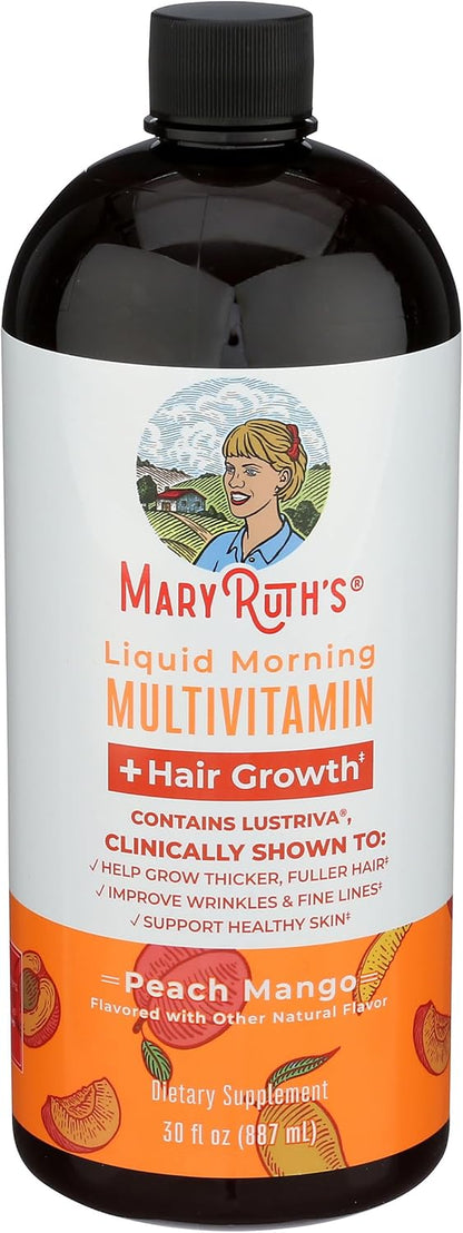 Bottle of Mary Ruth's Liquid Morning Multivitamin with Hair Growth on a white background