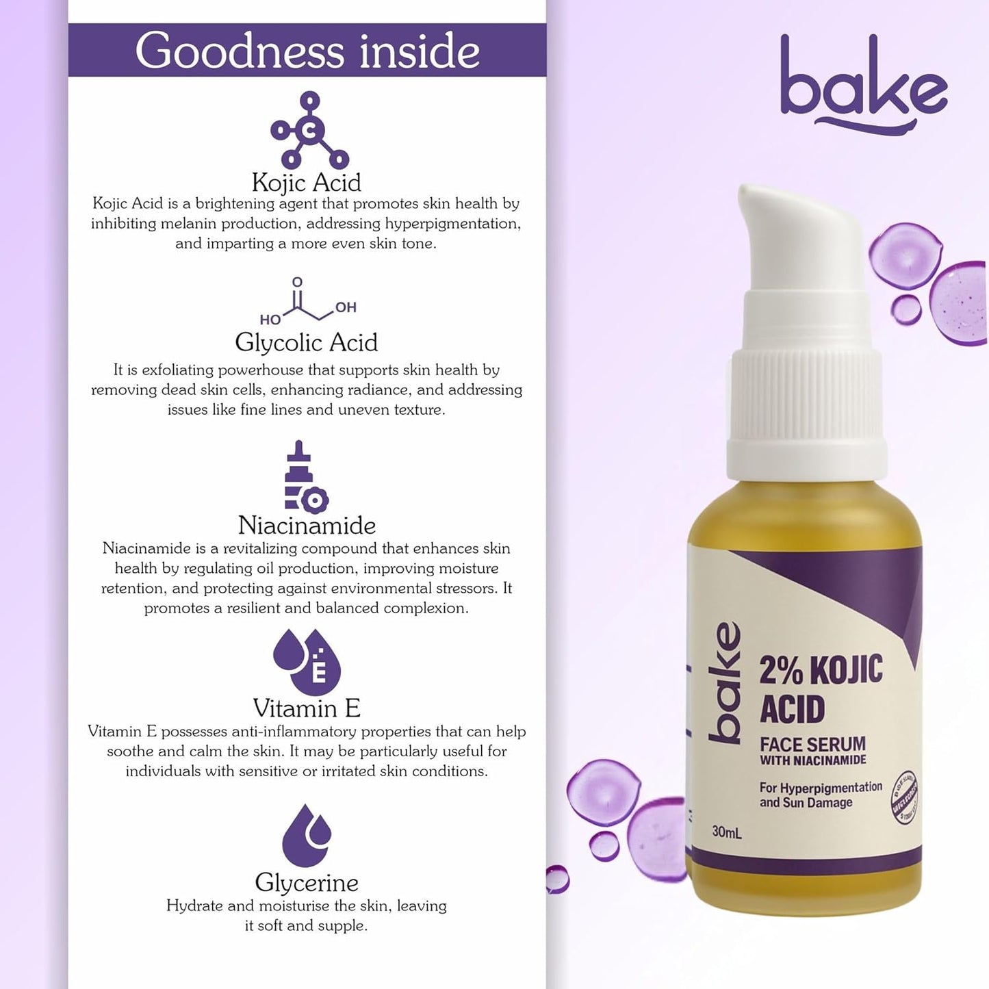 BAKE 2% Kojic Acid Face Serum with 5% Niacinamide & 2% Glycolic Acid for Pigmentation & Dark Spots | For Dark Circles, Tan Removal & Sun Damaged Skin | Skin Brightening & Glowing | 30ml