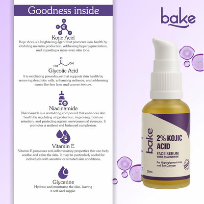 BAKE 2% Kojic Acid Face Serum with 5% Niacinamide & 2% Glycolic Acid for Pigmentation & Dark Spots | For Dark Circles, Tan Removal & Sun Damaged Skin | Skin Brightening & Glowing | 30ml