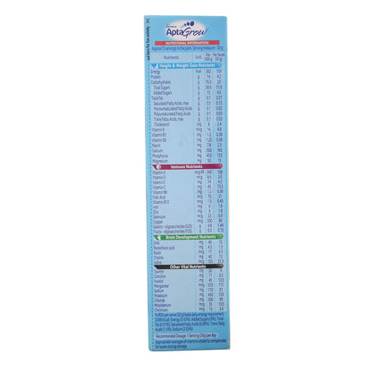 AptaGrow Milk Drink Powder for Kid s Height Gain, Immunity & Brain Development, Nutritious & Tasty Vanilla Flavor, 400g | 37 Nutrients | Prebiotics | Low Fat | Veg