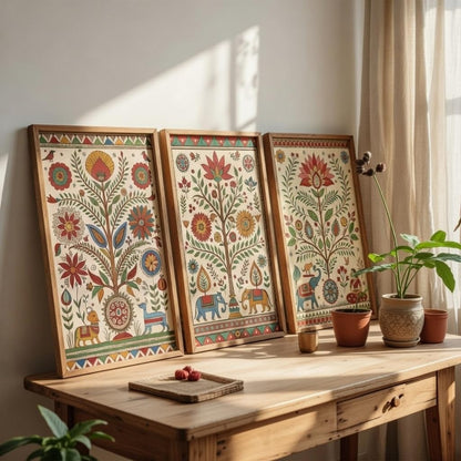 Indian Folk Art Floral Wall Painting Set of 3 with Wooden Frames | Traditional Ethnic Artwork HD Sparkle Laminated MDF Wall Decor | Boho Botanical Wall Art for Living Room Bedroom Décor