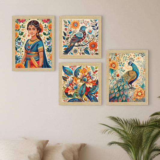 Madhubani Indian Art Paintings with Frame for Home Decor, Wall Painting for Living Room, Multicolor, Set of 4