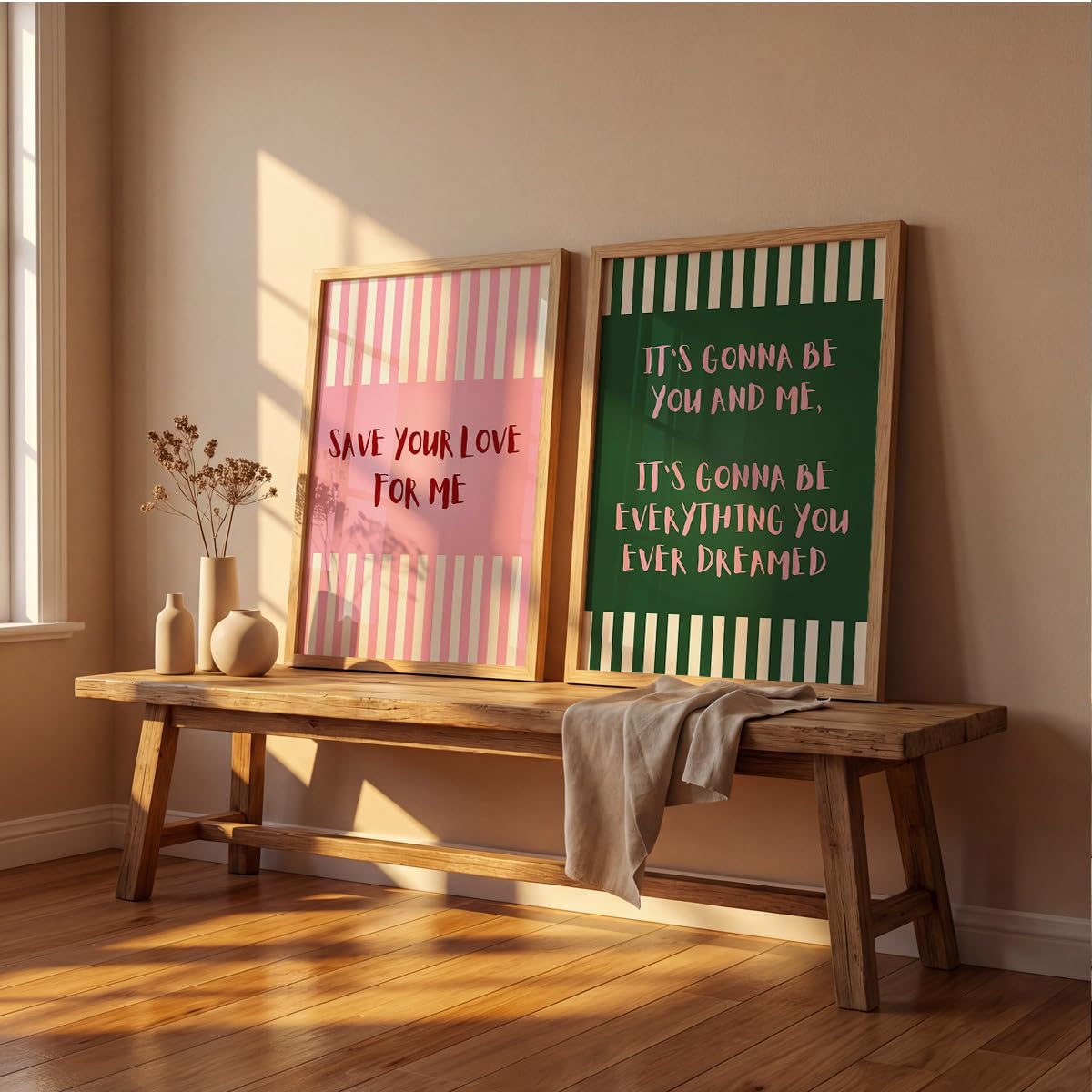 Aesthetic Quote Wall Art Set of 2 Framed Paintings | Pink Green Striped Typography Poster | Couple Bedroom Living Room Home Décor (Art 5, 10x13 Inches)