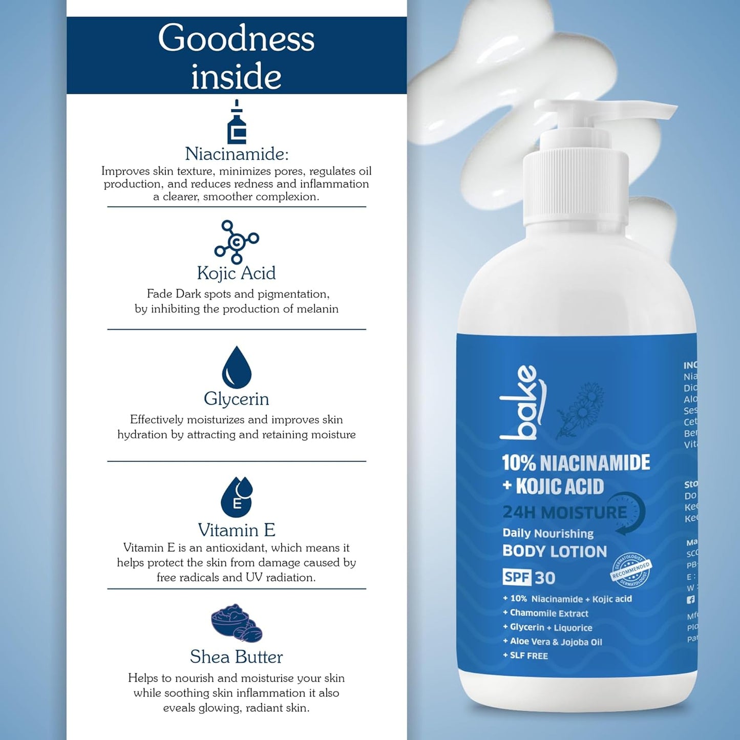 BAKE 10% Niacinamide Body Lotion SPF 30 with Kojic Acid for Acne Marks & Dark Spots, Pigmentation, Tan Removal | For Women & Men | 200ml