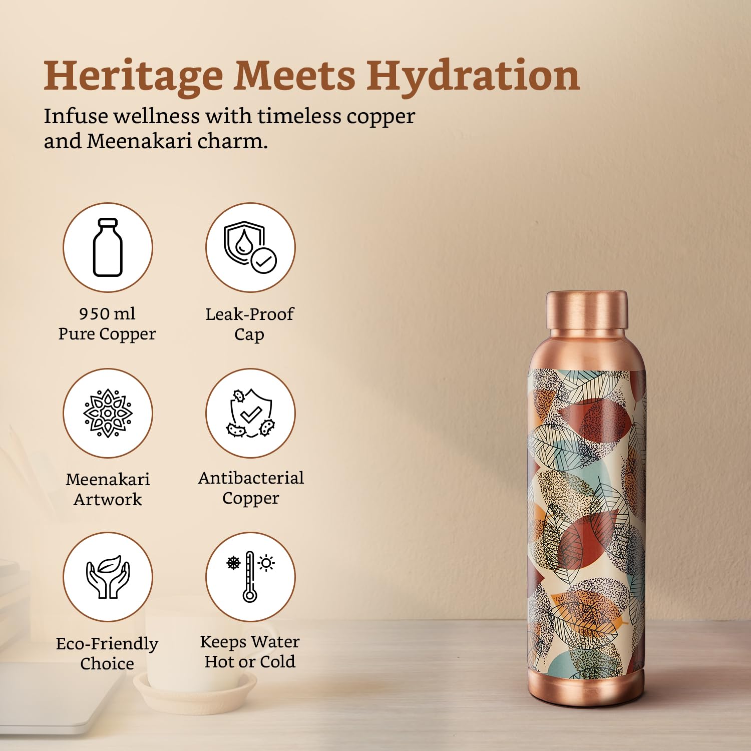 Copper water bottle with Meenakari artwork on a beige background, featuring product features.