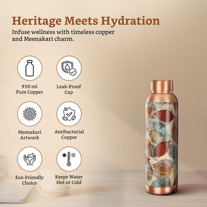 Copper water bottle with Meenakari artwork on a beige background, featuring product features.