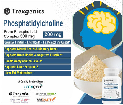 Trexgenics PHOSPHATIDYLCHOLINE 200 mg from Phospholipid Complex 500 mg, Cognitive Function, Liver and Brain Health, Fat Metabolism Support (60 Veg Capsules) (Pack of 1)