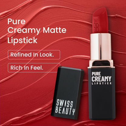 Swiss Beauty Pure Creamy Lipstick | Smooth Glide | Matte Finish | Rich Colour | With Vitamin E & Tea Tree Oil | Hydrating | All-Day Comfort | Shade- 06- Elegant Pink