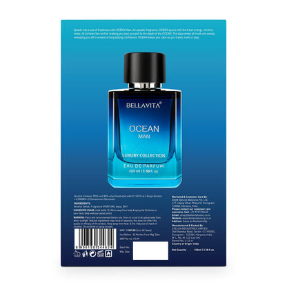 Bellavita Ocean Man perfume bottle on a blue packaging background